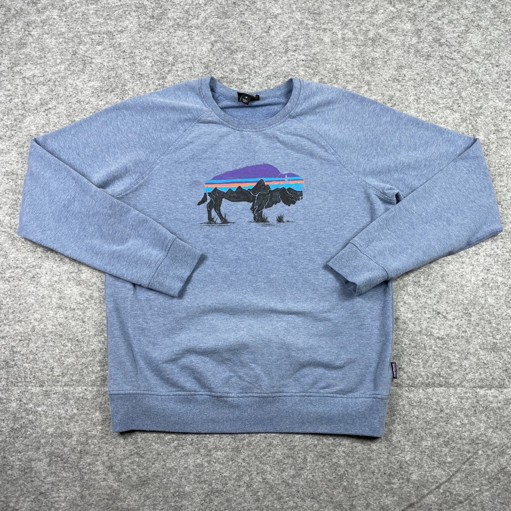 Patagonia Sweatshirt Womens M Blue Ahnya Crew Bison Mountain Sunset Fitz Roy